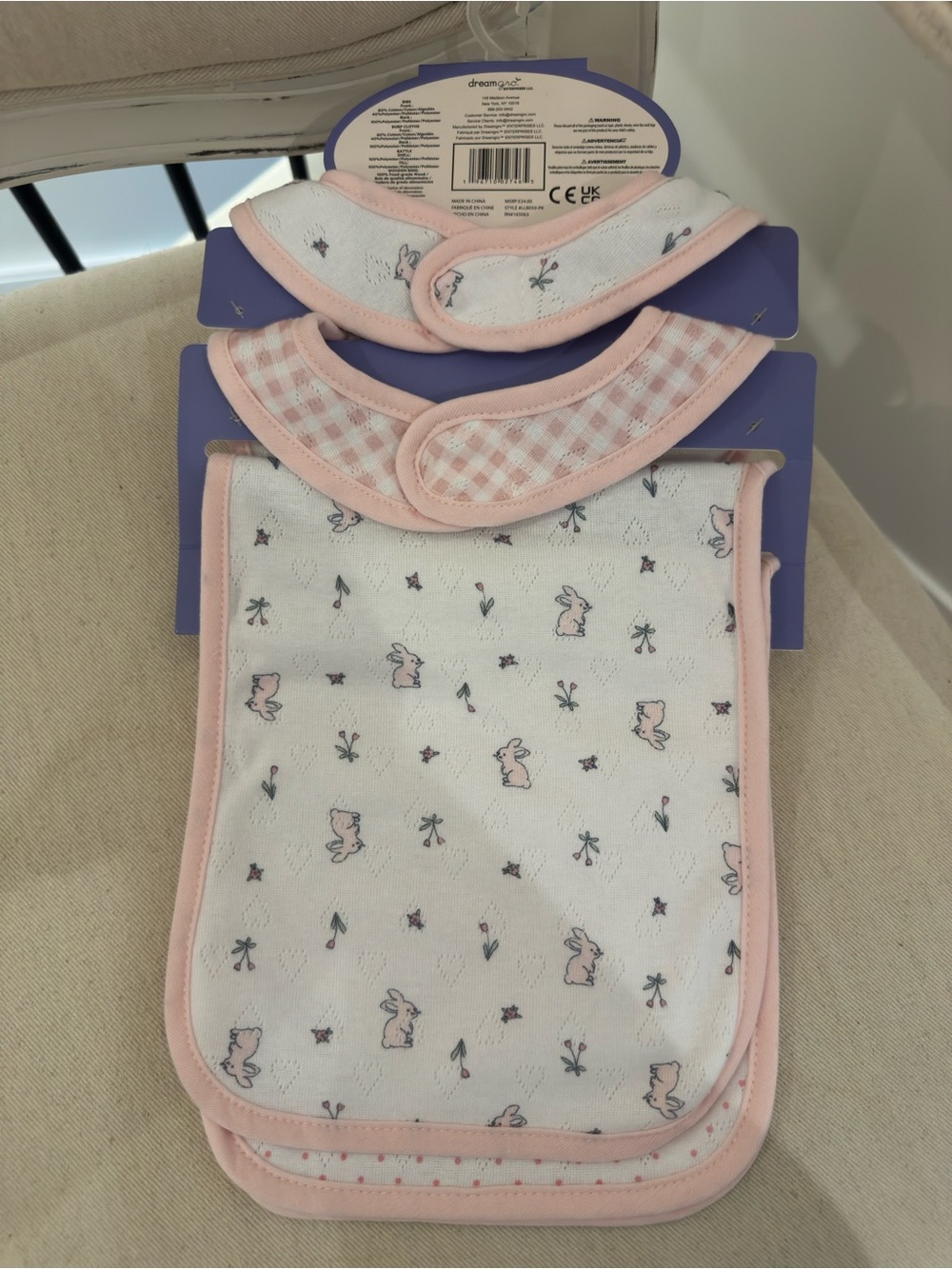 Adorable Pink Bunny Baby Bib, Rattle & Burp Cloth 5 Piece Gift Set NWT - Picture 2 of 9